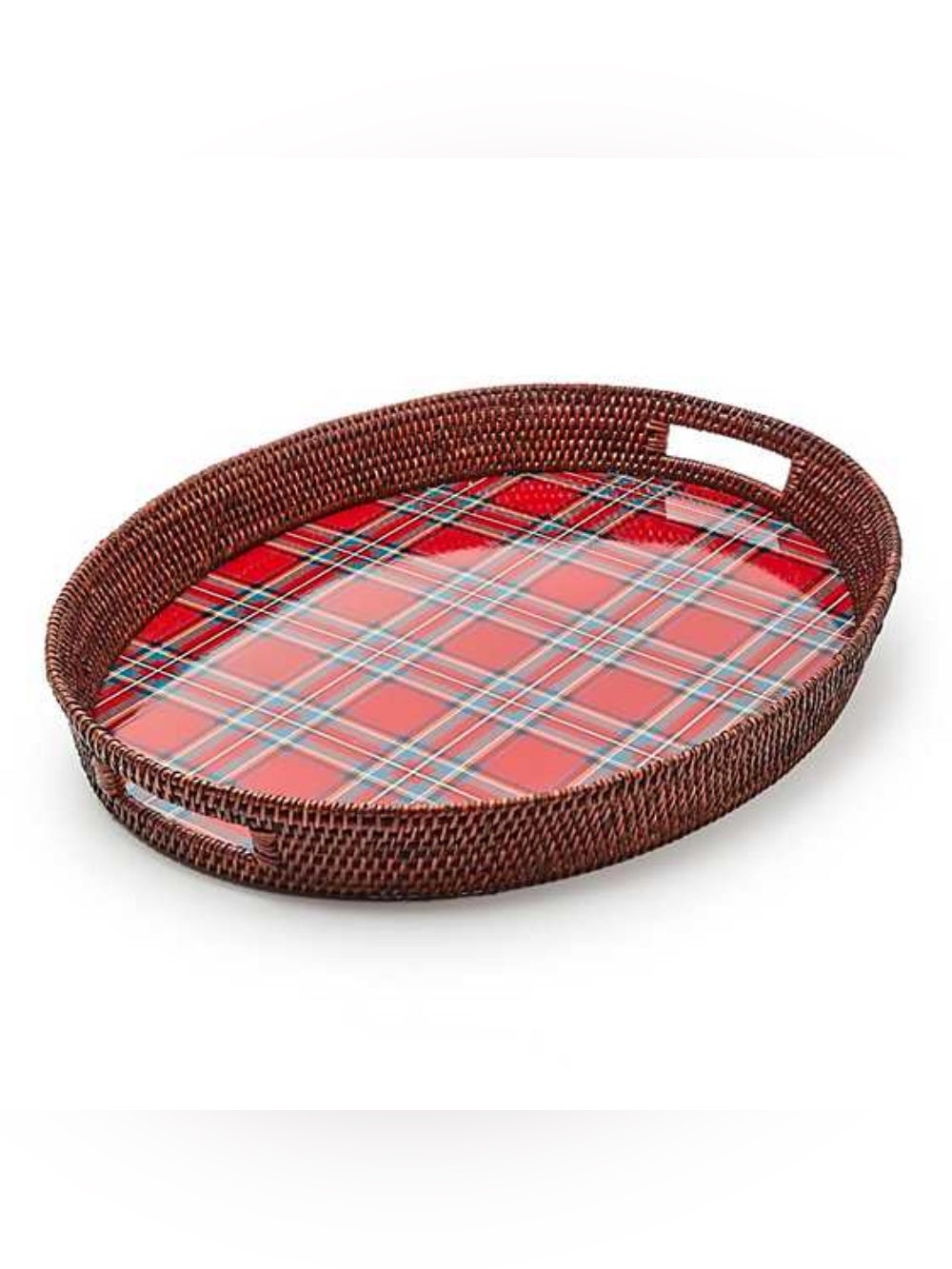 MacKenzie-Childs Tartan Red Rattan Serving Tray Large 25.5” Enamel Woven NWT